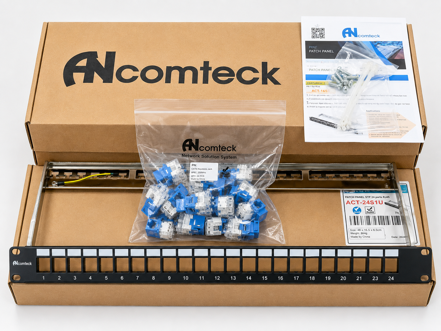Patch panel 24 cổng Cat6 UTP mã ACT-24S1U, ACT-JK28-C6-US chính hãng ANCOMTECK